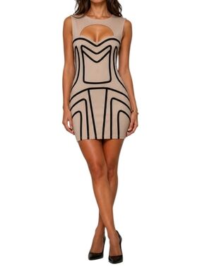 BLQ.MKT Beige Cutout Mini Dress with Black Geometric Trim